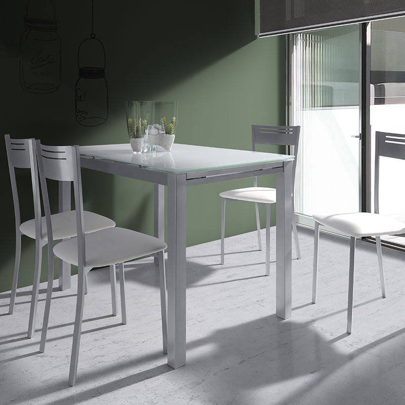 Conjunto de mesa y sillas de cocina o comedor, encimera cristal, madera,  blanca